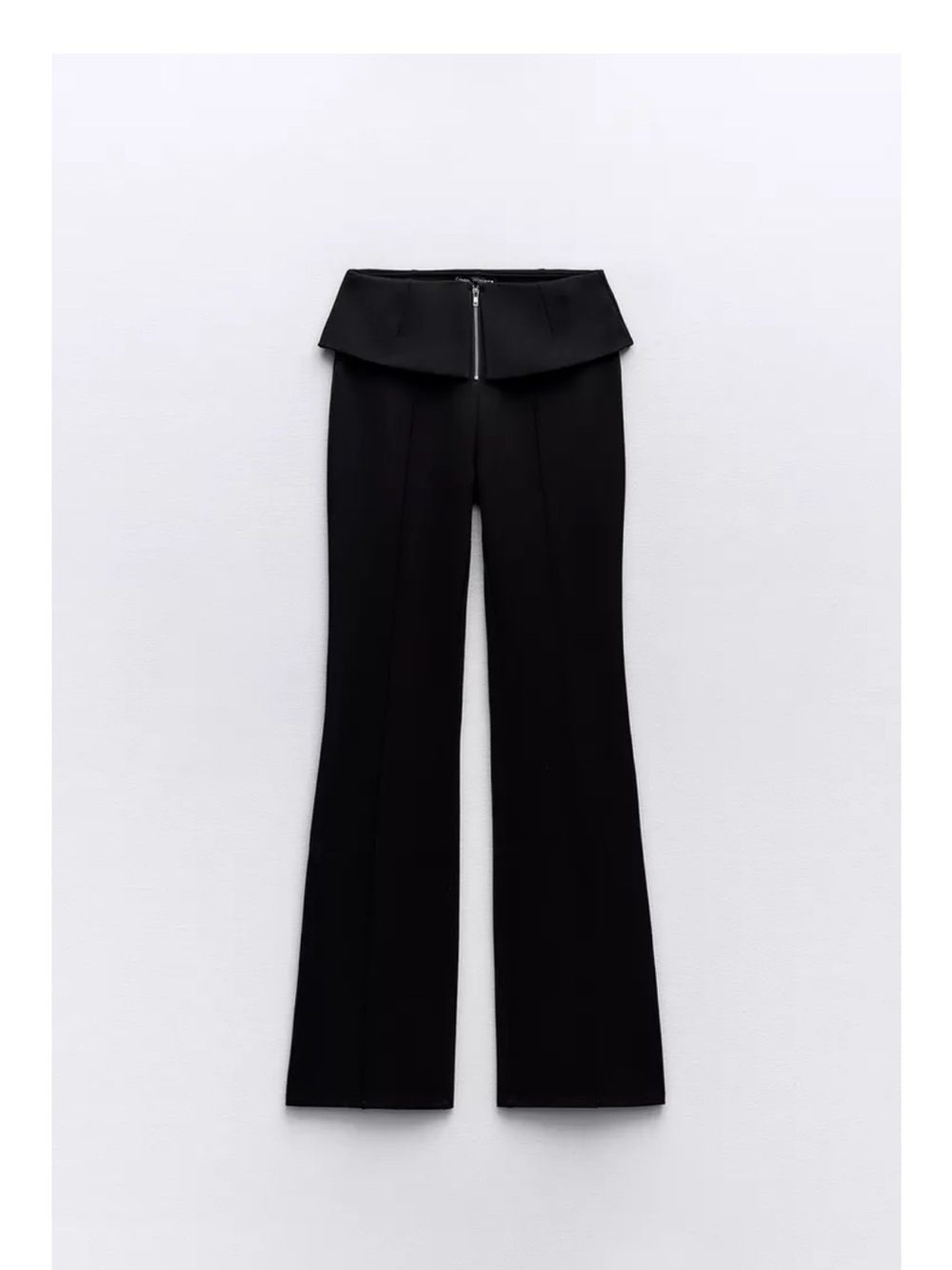 Zara Black High-Waist Fold-Over Flare Pants with Front Zip